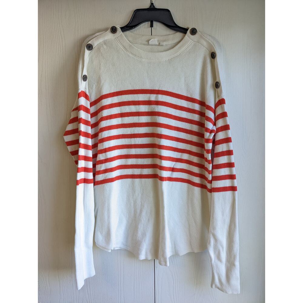 Gap Women's Red & White Striped Button Shoulder Crew Neck Sweater Size L